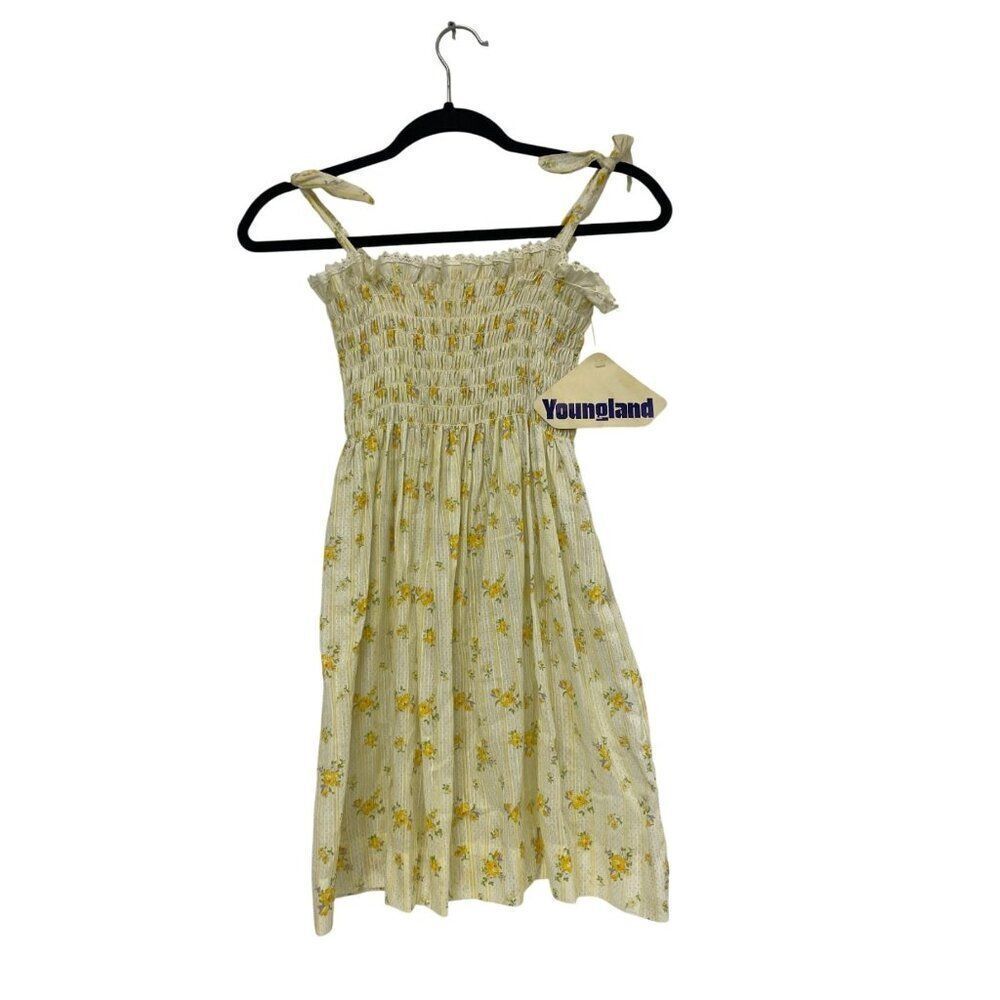 Vintage Youngland Girls Dress Size 12 Yellow Ditsy Floral Smocked Sundress NWT